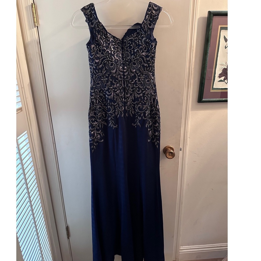 MGNY Madeline Gardner Navy Blue Beaded Embroidered Off Shoulder Evening Gown 2